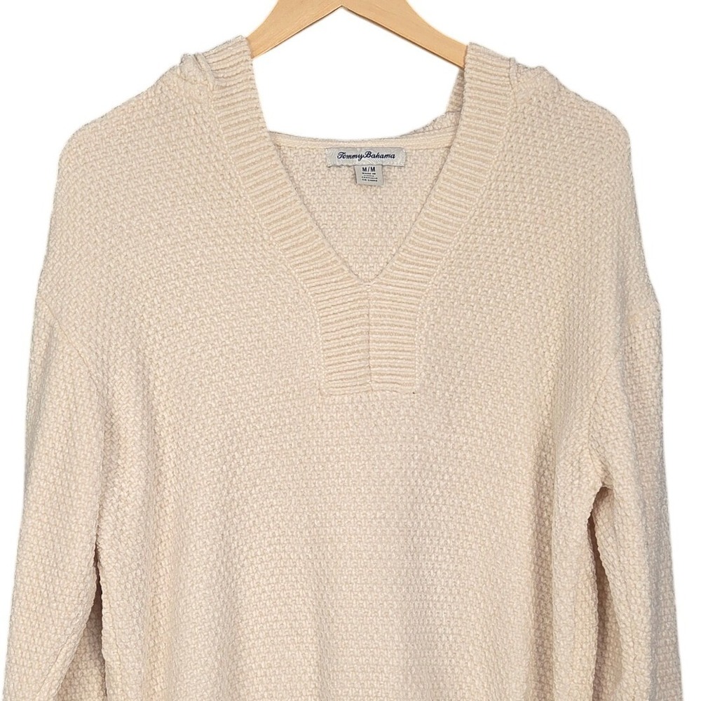 Tommy Bahama Chenille Hooded Sweater Womens Medium Cream V-Neck Long Sleeve Knit